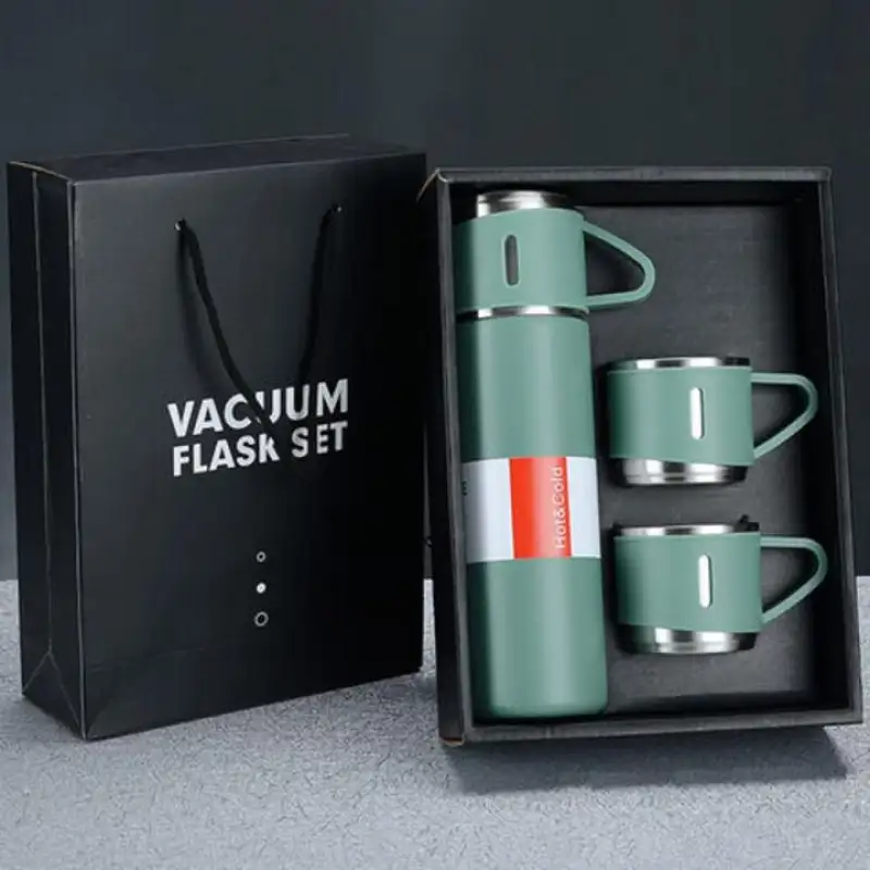 3 In 1 Vacuum Insulated Thermal Flask Set With Cup Set (Green)