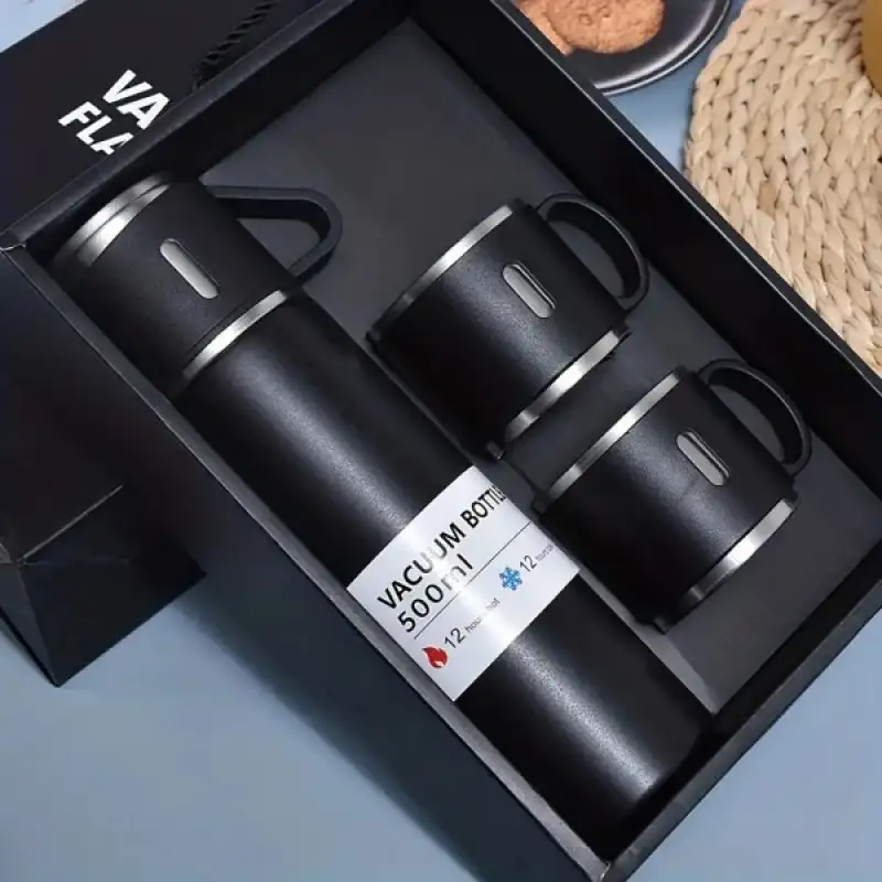 3 In 1 Vacuum Insulated Thermal Flask Set With Cup Set (black)