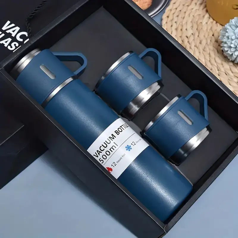 3 In 1 Vacuum Insulated Thermal Flask Set With Cup Set (Blue)